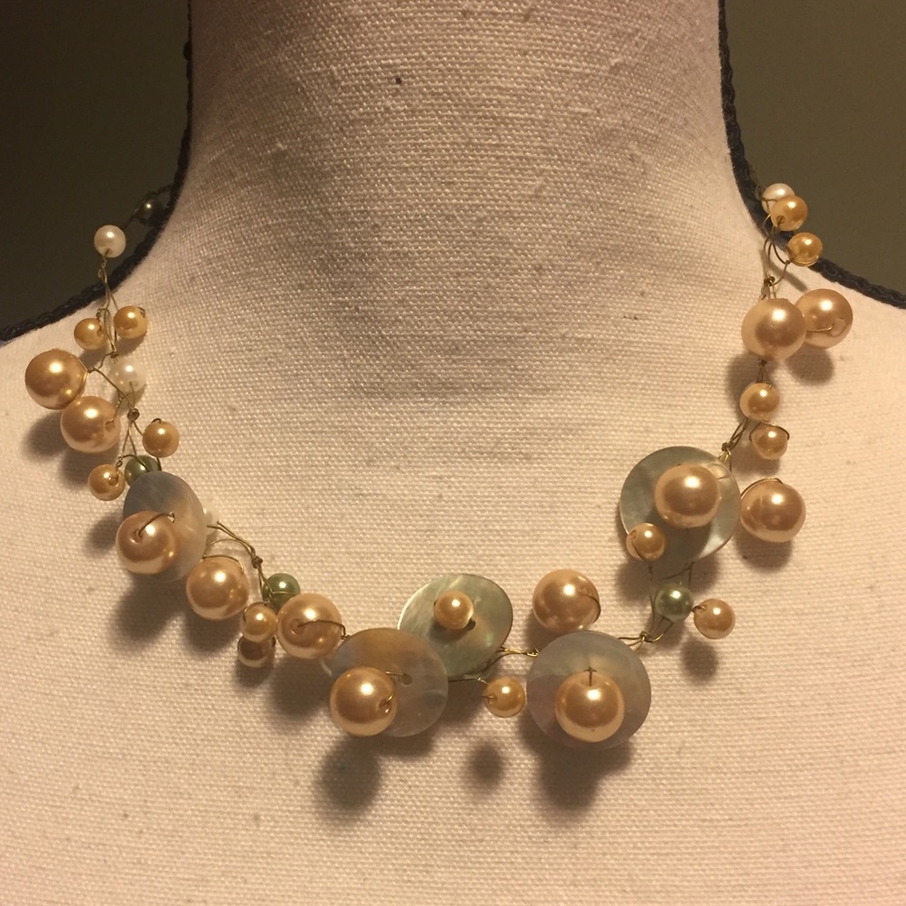 Artisan-made mother of pearl & gold wire necklace